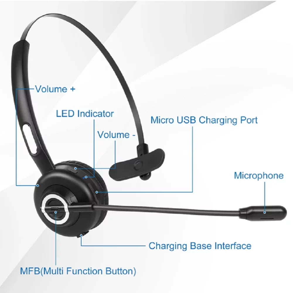 Comfortable Bluetooth Headset, UX-M97 Wireless Headset with Microphone, Wireless Cell Phone Headset with Noise Isolation Mic Charging Base Mute Function for Tecno Camon 17 With Charging Dock
