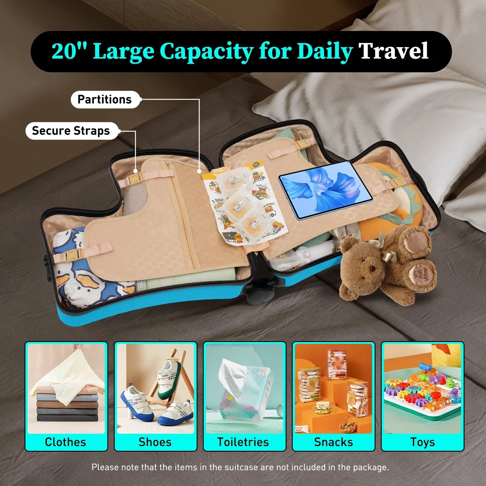 AIQIDI 20" Kids Ride On Suitcase, Portable Spinner Wheels Trolley Luggage Blue Horse Shape Kids Travel Suitcase