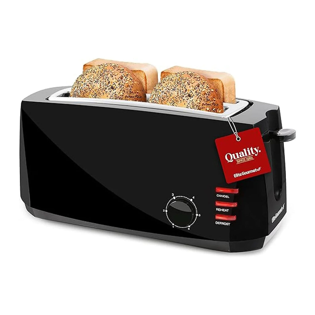Elite Gourmet ECT4829B# Long Slot 4 Slice Toaster, Reheat 6 Toast Settings, Defrost, Cancel Functions, Built-in Warming Rack, Extra Wide Slots for Bagels Waffles, Black