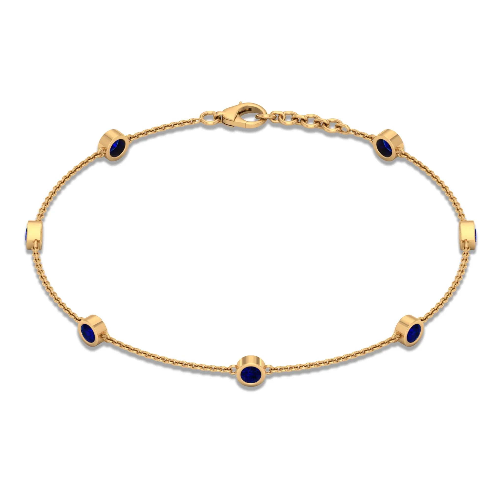 Lab Created Blue Sapphire Station Chain Bracelet For Women - 1 CT - AAAA Grade, 14K Yellow Gold, 7.5 inches