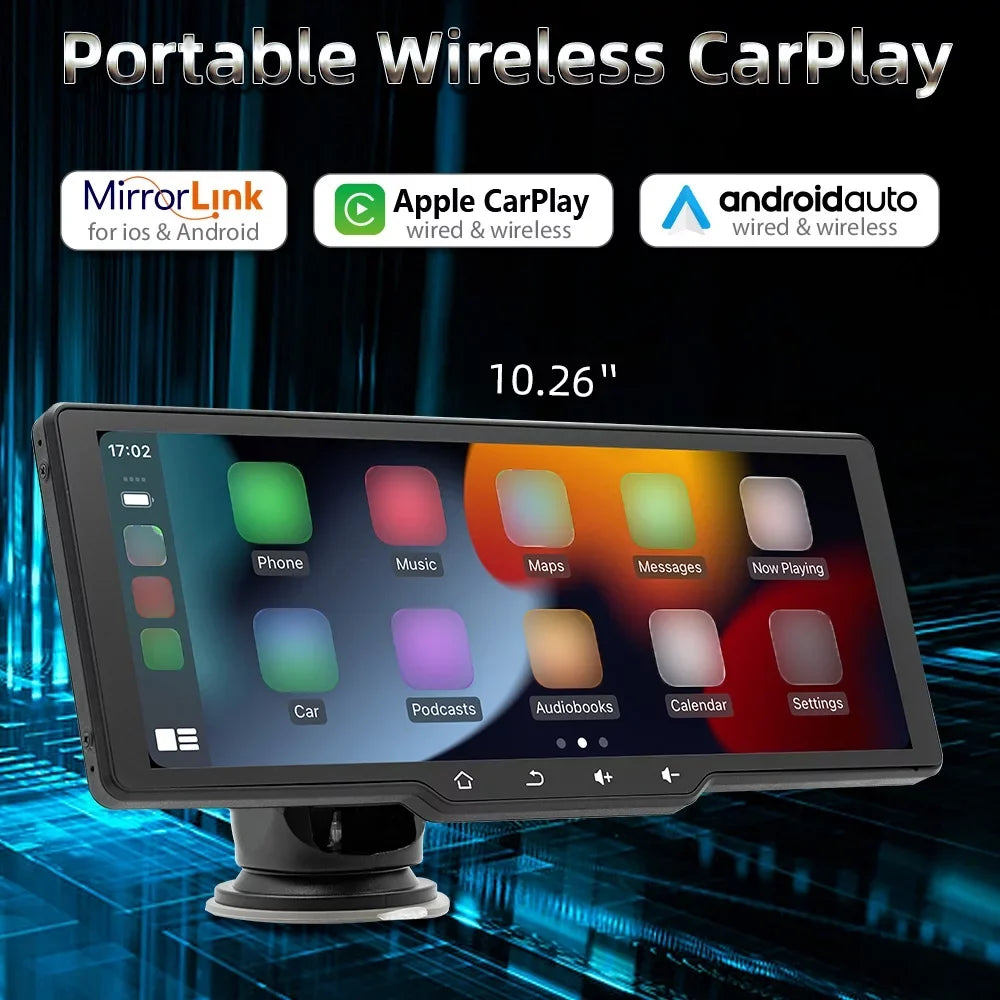 Dcenta Portable Wireless CarPlay Multi-language Car Video Recorder Car Camera Auto Camcorder 10.26in Car Rearview Camera Mobilephone APP Control Car MultiMedia Player