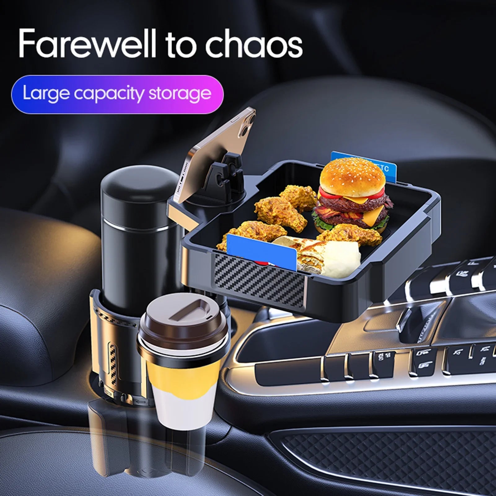 moobody Car Cup Holder Multifunctional Storage Rack, Dual Holder 4IN1 Cup Tray for Drinks and Phones, Versatile Snack Tray Expander