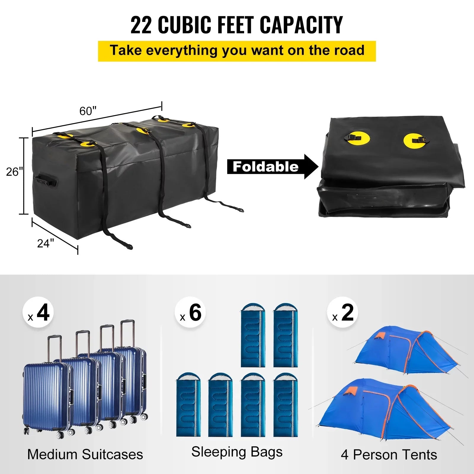 BENTISM Hitch Cargo Carrier Bag, Waterproof 840D PVC, 60"x24"x26" (22 Cubic Feet), Heavy Duty Cargo Bag for Hitch Carrier with Reinforced Straps, Fits Car Truck SUV Vans Hitch Basket