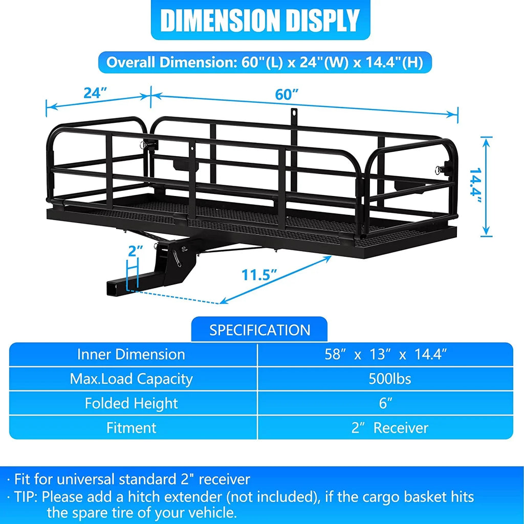 WAGEE 500 Lbs Heavy Duty Hitch Mount Cargo Carrier 60" x 24" x 14.4" Folding Cargo Rack Rear Luggage Basket Fits 2" Receiver for Car SUV Camping Traveling