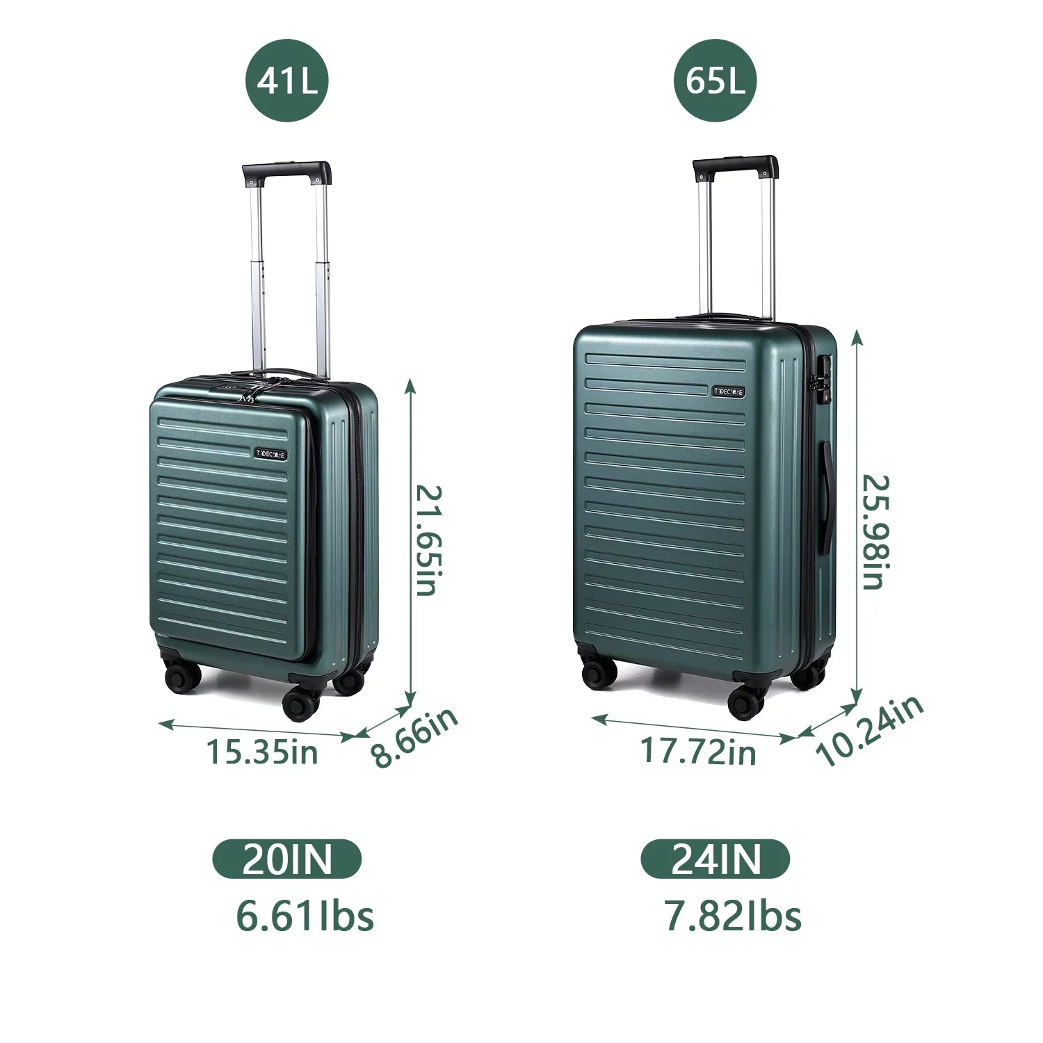 2 Piece 20/24 Luggage Set, Only 20 with Front Laptop Pocket & Expandle, Lightweight ABS+PC Hardshell Suitcase with TSA Lock & Spinner Wheels, 20 Inch 37~41L + 24 Inch 65L, Dark Green
