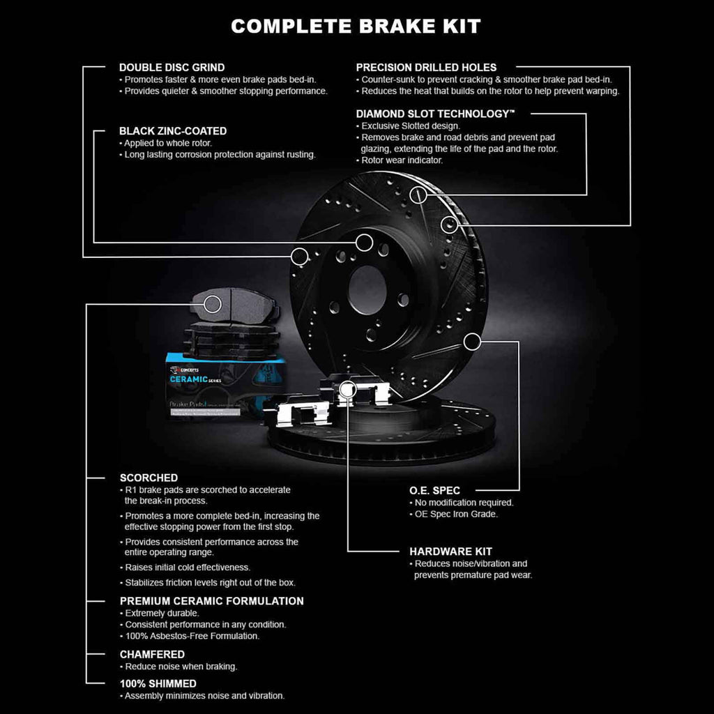 R1 Concepts Front Brakes and Rotors Kit |Front Brake Pads| Brake Rotors and Pads| Ceramic Brake Pads and Rotors |Hardware Kit WHWH1-39025