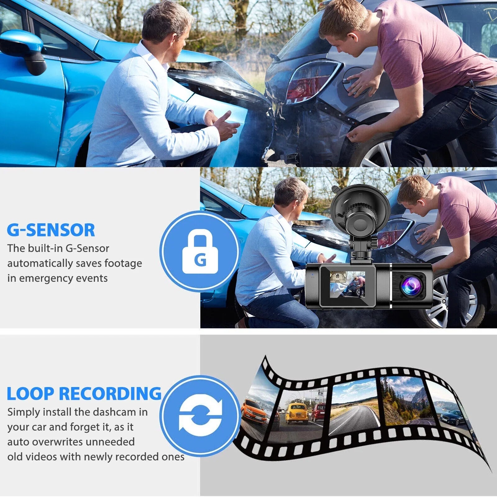 Dual Lens Car DVR Dash Cam Video Recorder G-Sensor 1080P HD Front+Inside Camera