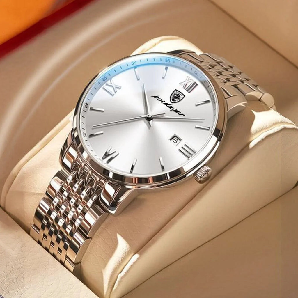 POEDAGAR New Men Ultra-Thin Watches Fashion Week Calender Business Cool Waterproof Luxury Stainless Steel Quartz Wristwatch