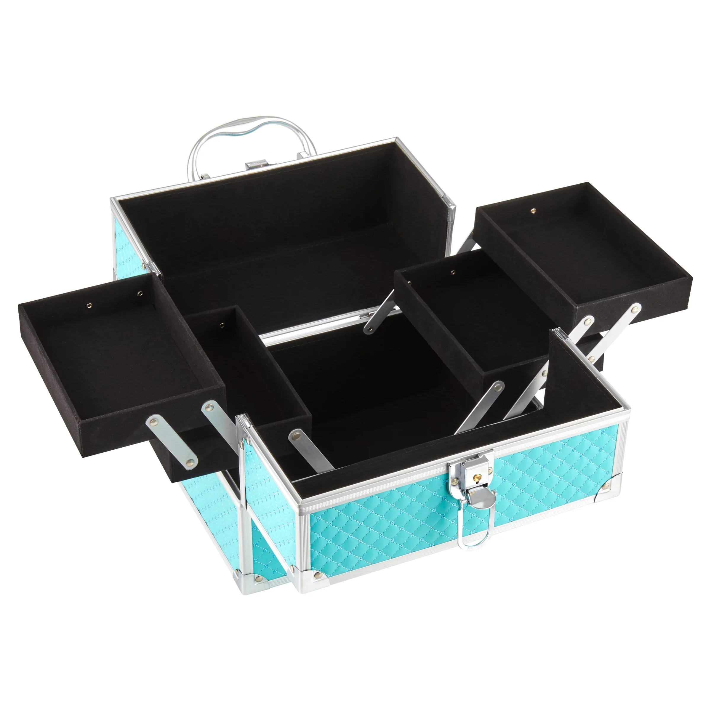 Makeup Train Case Cosmetics Organizer, Teal Color, 4 trays, 6.7" x 9.85" x 7.9"