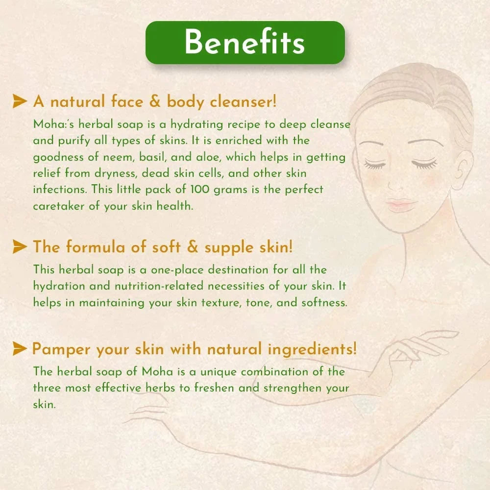 Pamer Moha Herbal Soap 100 Gram X 3 With Goodness Of Aloe Vera Gel, Basil & Neem, Bathing Soap, Face & Body Soap, Unisex Product