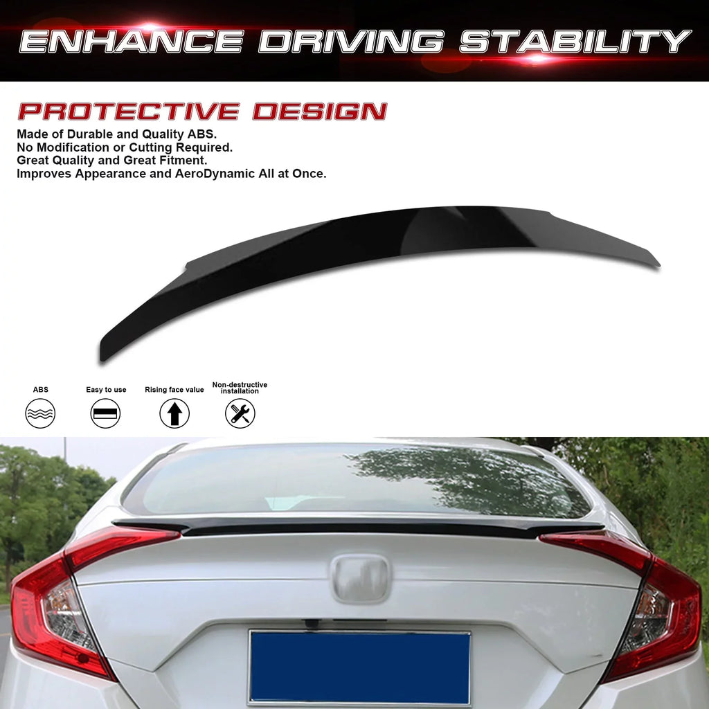 Xotic Tech 4DR JDM Style Glossy Black Rear Trunk Lip Wing Spoiler Fitting with Honda Civic 2016-2021 10th Gen