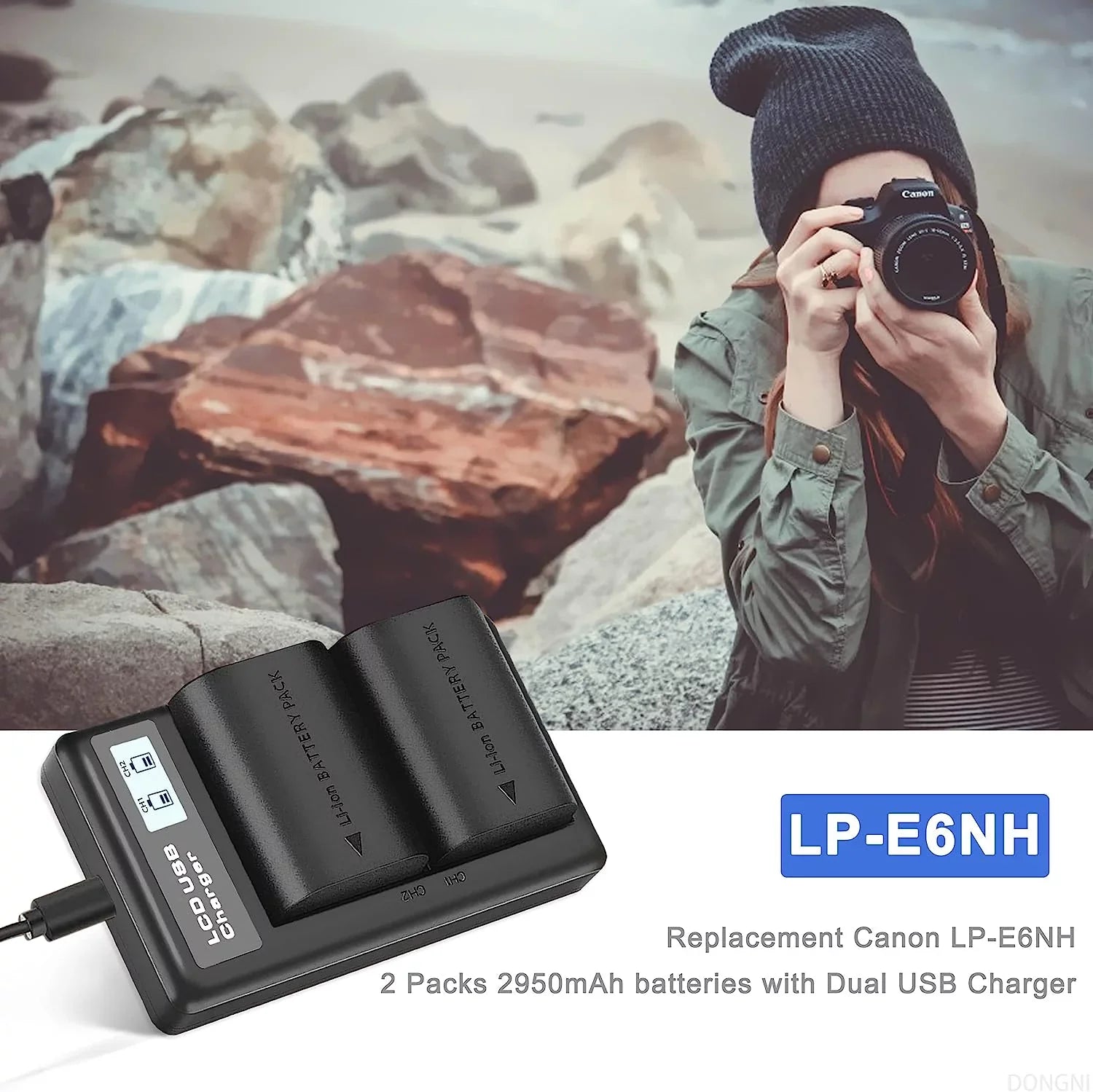 2-Pack LP-E6NH 2950mAh Batteries and Dual Charger for Canon EOS R R5 R6 5DS 6D 7D 60D 70D 80D 90D 5D Mark II/III/IV Camera