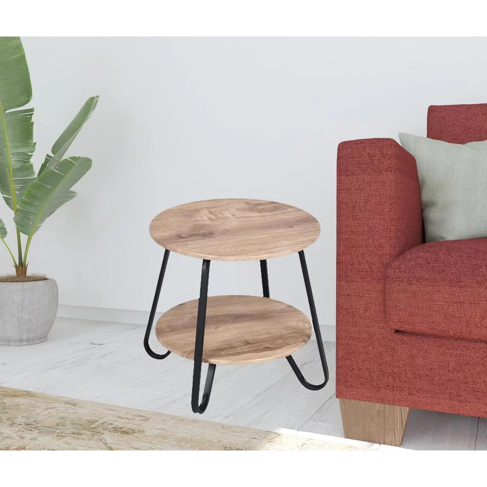 HomeRoots 483708 18 in. Manufactured Wood & Steel Round End Table, Black & Oak