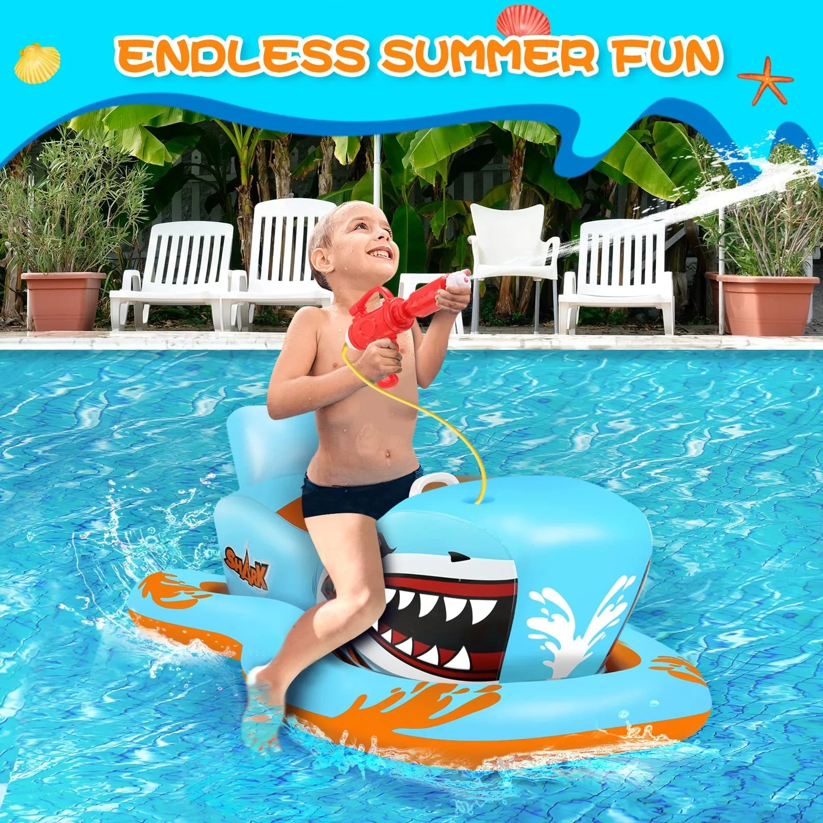 Pool Floats for Kids,Shark Ride-on Pool Toys with Waterpistol for Kid Pool Game Boys Girls Age 3-12