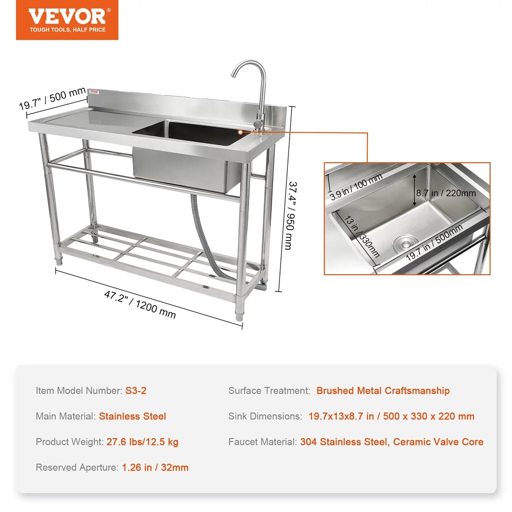BENTISM Commercial Utility & Prep Sink Single Bowl w/Workbench 47.2x19.7x37.4 in