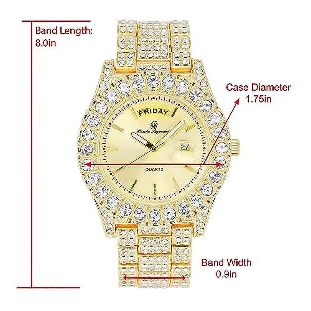 Charles Raymond Big Rocks Fully Iced Out Diamond Mens Watch w/Easy Read Date &Day and Colorful Dials- Designer Hip Hop Blinged Out Timepiece - ST10535 (ST10535-LN Gold)
