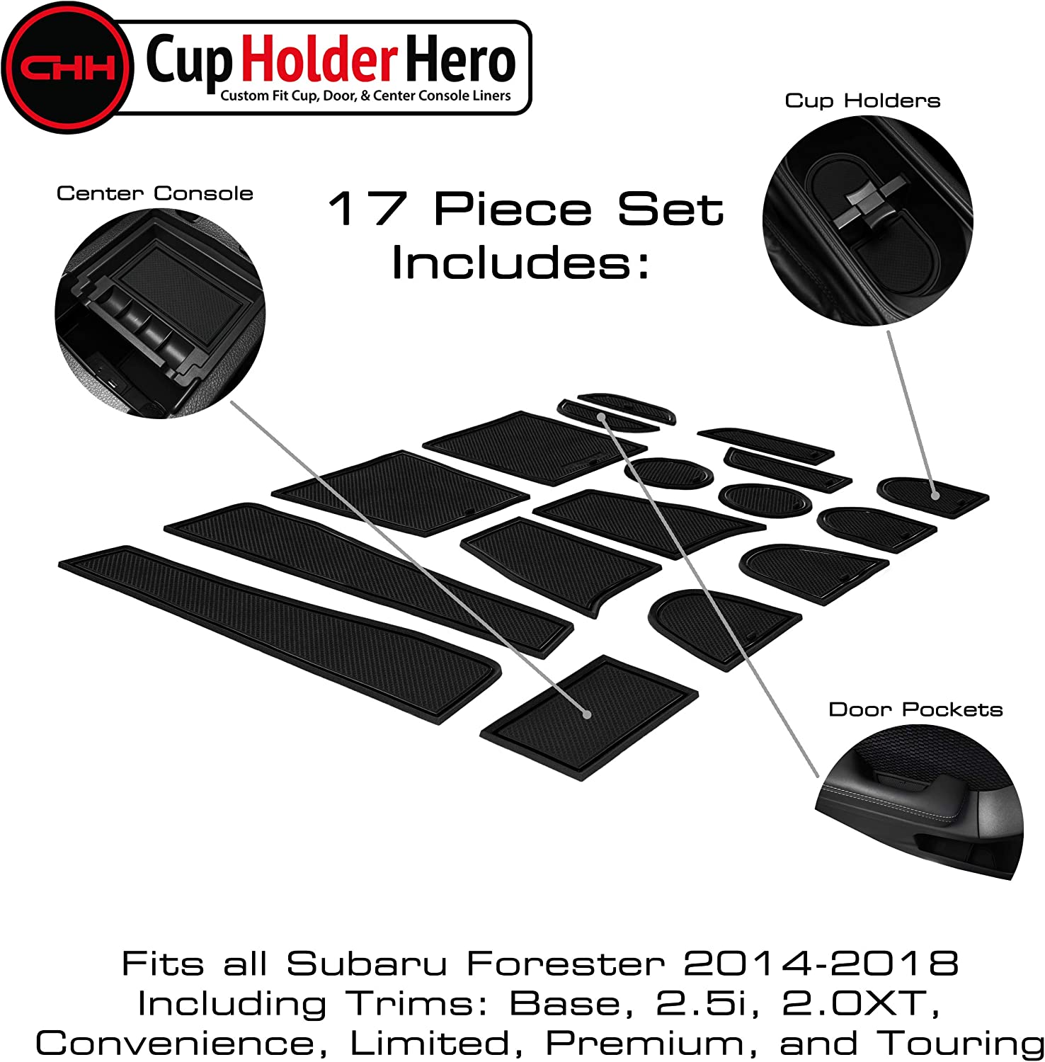 CupHolderHero for Subaru Forester Accessories 2014-2018 Premium Custom Interior Non-Slip Anti Dust Cup Holder Inserts, Center Console Liner Mats, Door Pocket Liners 17-pc Set (Solid Black)