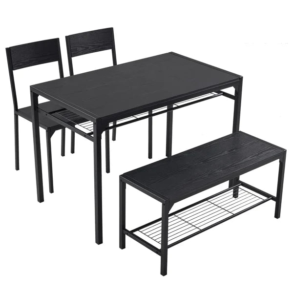 ALFRESCO Black 4-Piece Dining Table Set for 4 - Includes 2 Chairs, 1 Bench, Optimal for Small Spaces