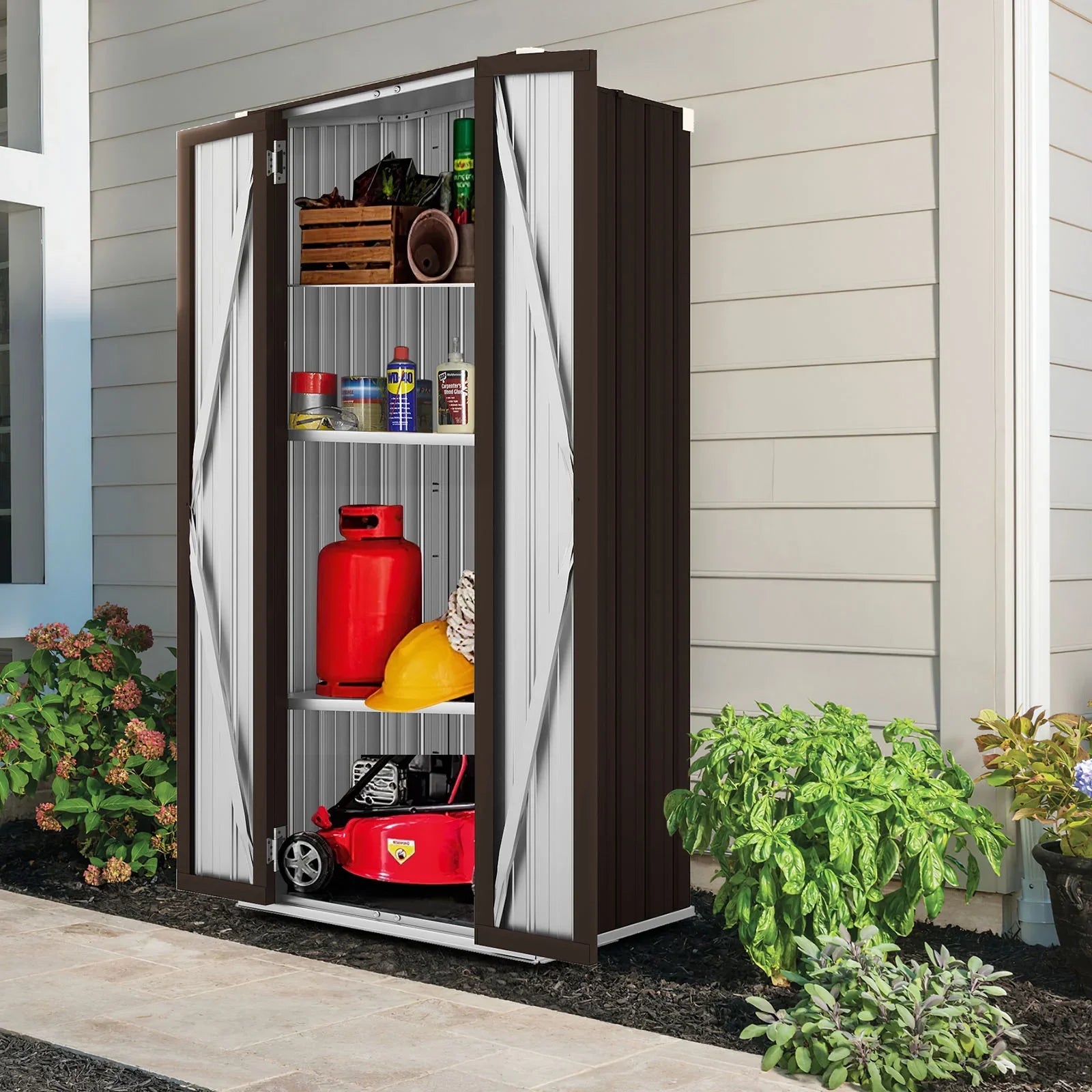 YODOLLA 70" Metal Storage Cabinet with Doors and Shelves Outdoor/ Indoor Storage Shed Organizer for Garage& Garden in Brown
