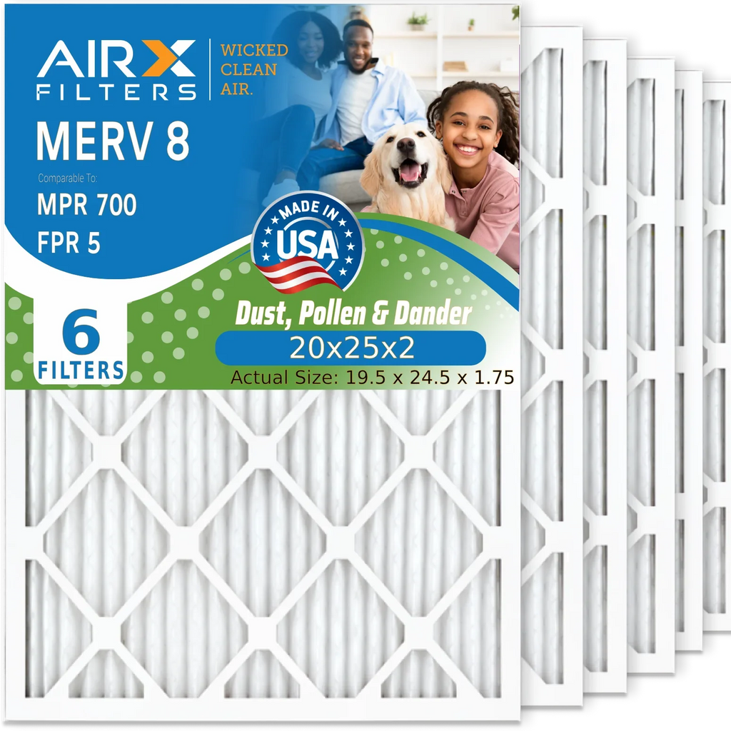 20x25x2 Air Filter MERV 8 Comparable to MPR 700 & FPR 5 Electrostatic Pleated Air Conditioner Filter 6 Pack HVAC AC Premium USA Made 20x25x2 Furnace Filters by AIRX FILTERS WICKED CLEAN AIR.
