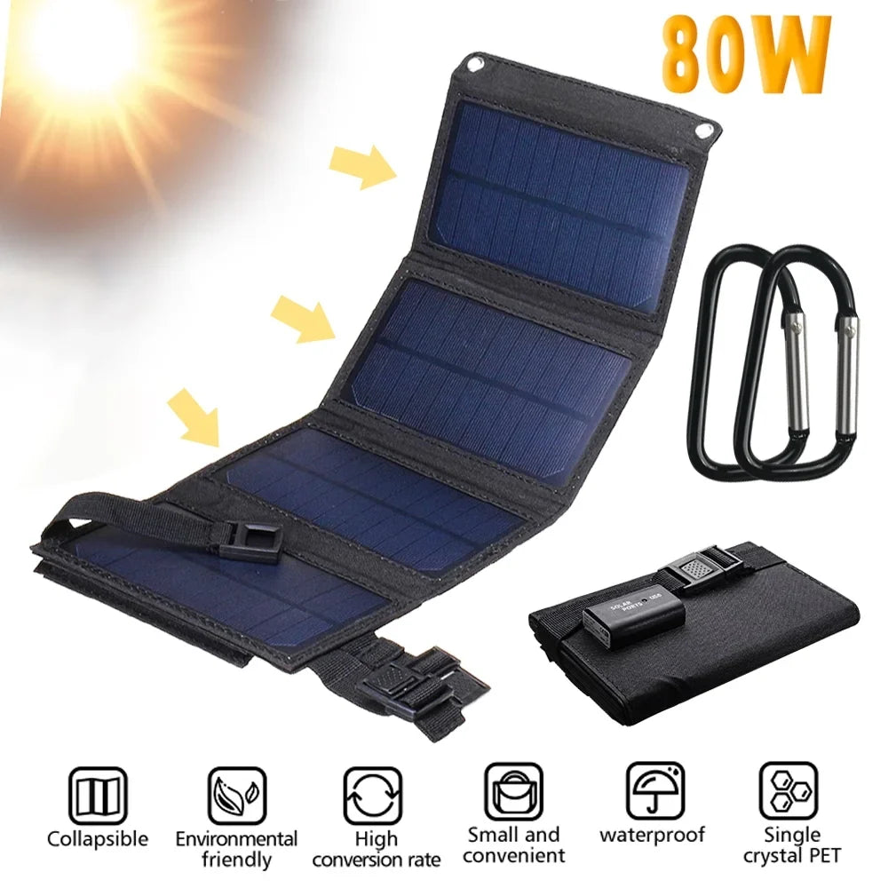 DFITO 80W USB Solar Panel Kit, Folding Power Bank, Portable Sun Power Solar Panel Charger for Outdoor Camping Hiking Phone Charger
