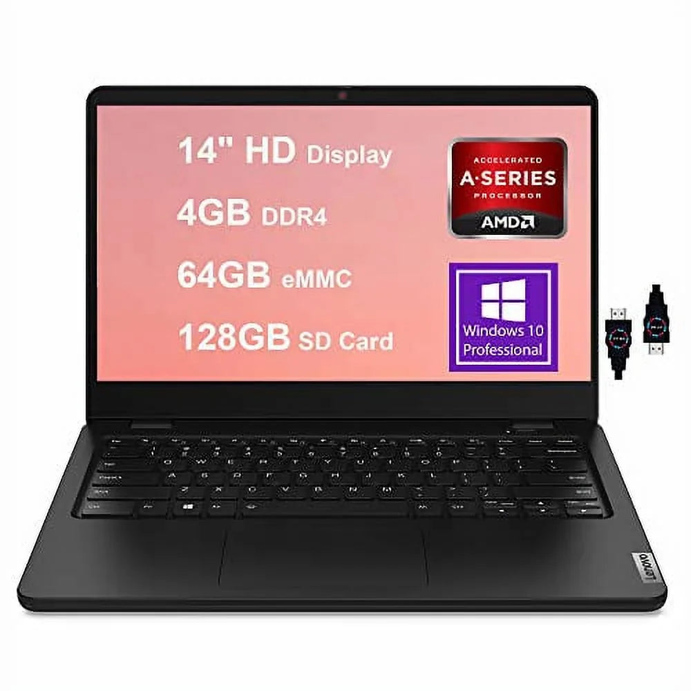 Lenovo Ideapad 14W Gen 2 14 Business Laptop | 14" HD Anti-Glare Display | AMD 3000 Series 3015e Processor | 4GB DDR4 64GB eMMC 128GB SD Card | AMD Radeon Graphic HDMI Win10 Pro Black + HDMI Cable