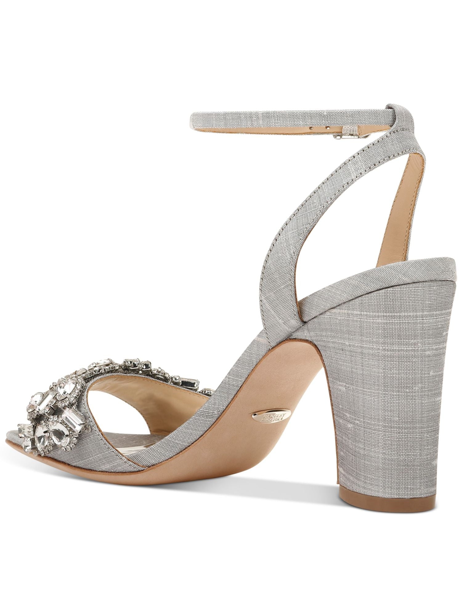 BADGLEY MISCHKA Womens Silver Toe Strap Metallic Rhinestone Round Toe Block Heel Fastener Dress Sandals Shoes 7