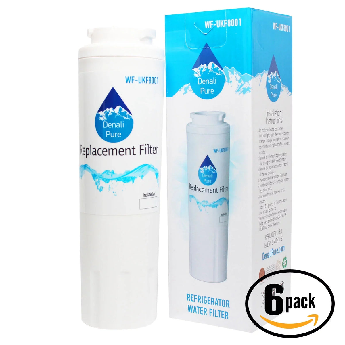 6-Pack Replacement for Amana ASD2324HEB Refrigerator Water Filter - Fitting with Amana UKF8001AXX Fridge Water Filter Cartridge - Denali Pure Brand