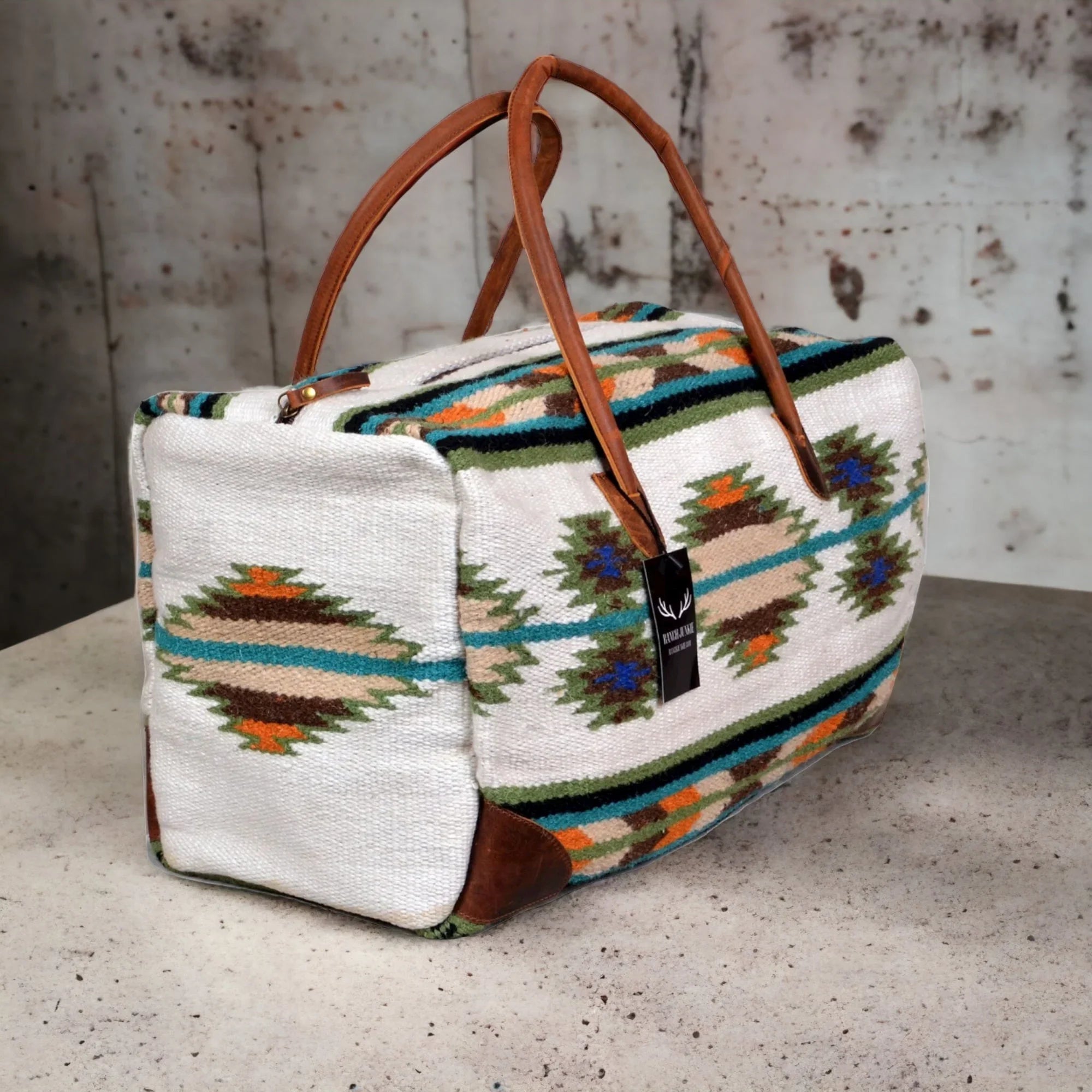 Boho Aztec Large Weekender Southwestern Duffel Bag Aspen Saddle Blanket Bag 100% Leather Handles
