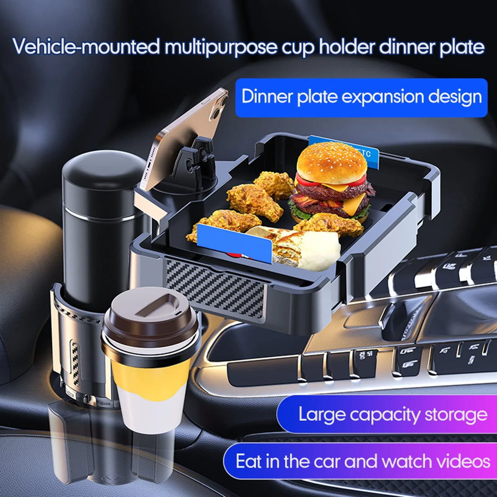 moobody Car Cup Holder Multifunctional Storage Rack, Dual Holder 4IN1 Cup Tray for Drinks and Phones, Versatile Snack Tray Expander
