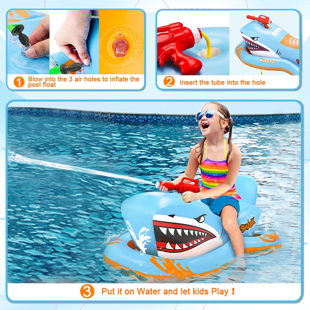 Pool Floats for Kids,Shark Ride-on Pool Toys with Waterpistol for Kid Pool Game Boys Girls Age 3-12