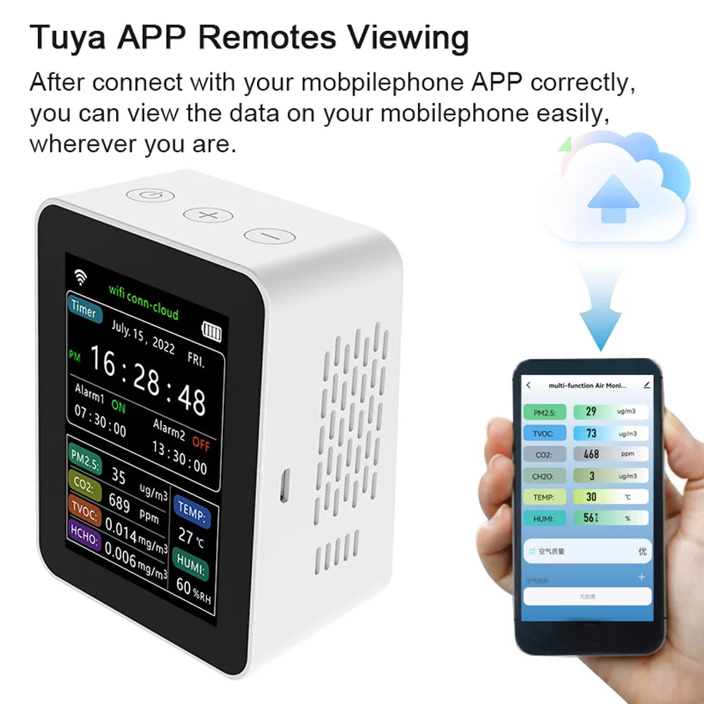 Carevas WiFi ligent Air Standard Detector PM2.5 CO2 TVOC HCHO Humidity 6 In 1 Detector Time Date Week Display Mobilephone APP Remotes Viewing 2 Sets Alarm Home Indoor Desktop Air Grade Moni