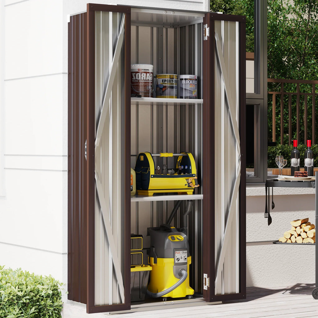 YODOLLA 70" Metal Storage Cabinet with Doors and Shelves Outdoor/ Indoor Storage Shed Organizer for Garage& Garden in Brown