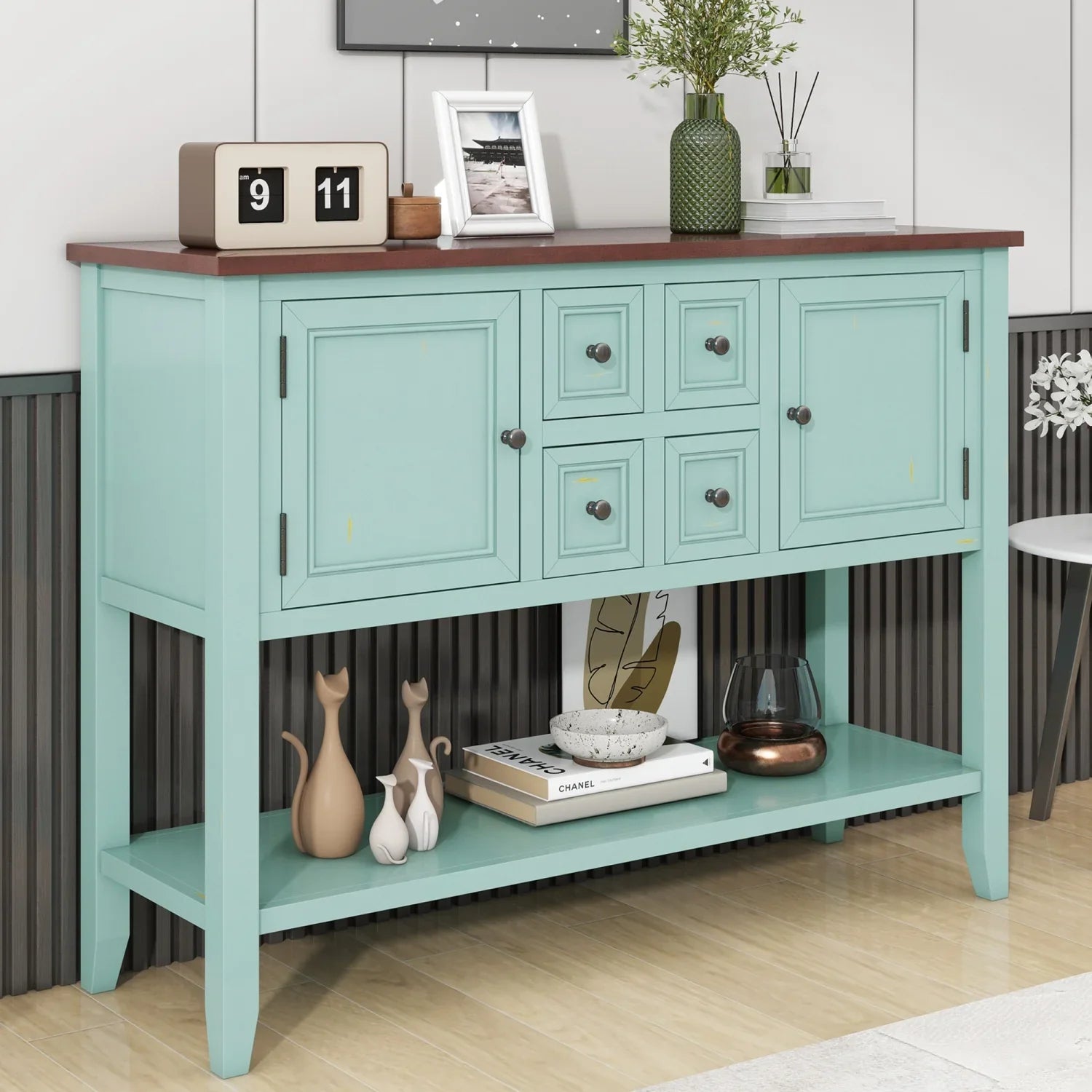 TREXM Cambridge Series Ample Storage Vintage Console Table with Four Small Drawers and Bottom Shelf for Living Rooms Entrances and Kitchens (Lime White OLD SKU WF190263AAK)