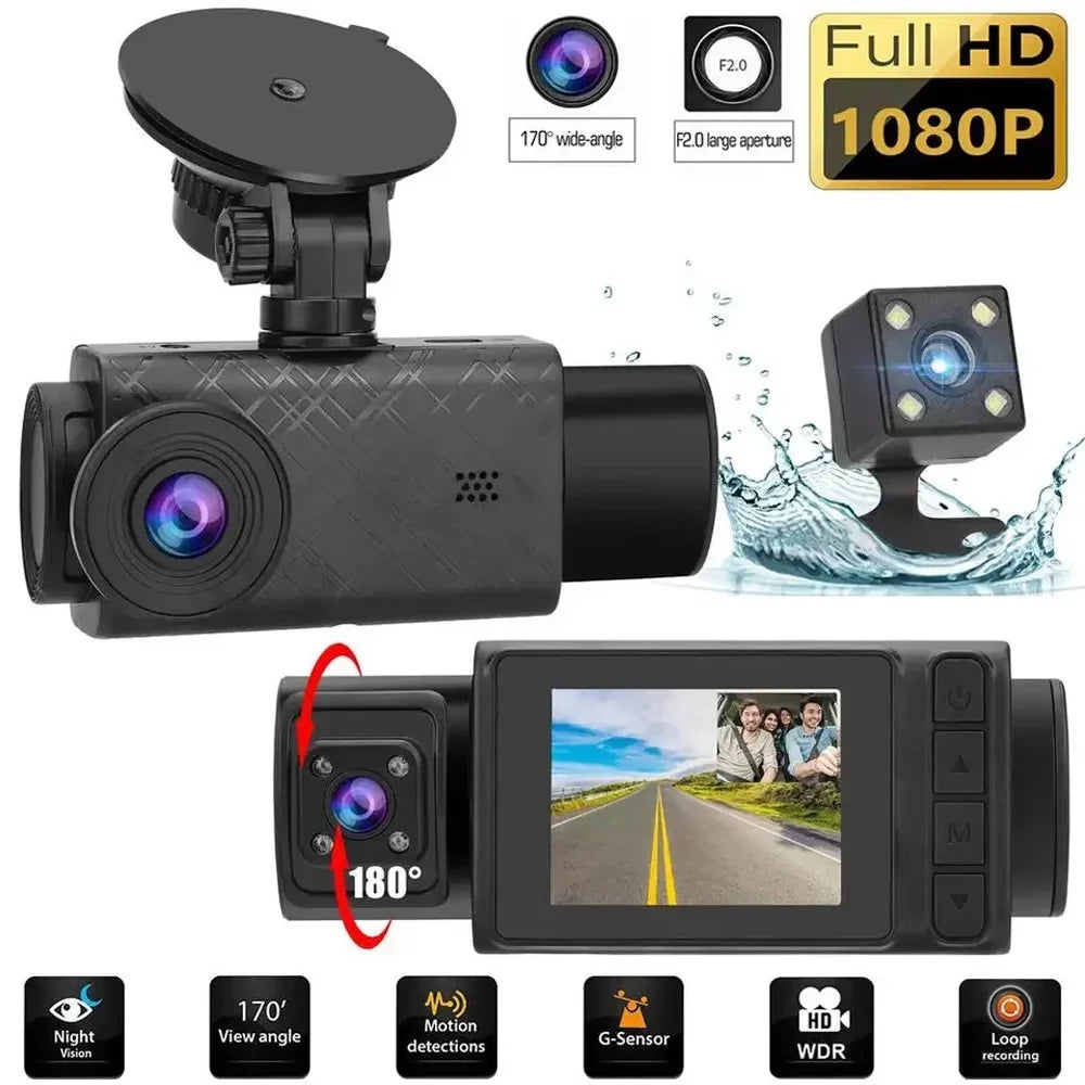 Gecheer 3 Cameras Dash Cam 2in Clear Car Rearview Mirror Car Video Recording Multi-Language Car Recorder Auto Safety Driving Recorder
