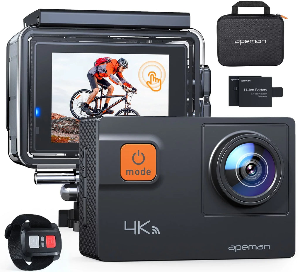 Apeman A87 Action Camera, UHD 4K/60fps 20MP Touchscreen WiFi Underwater Camcorder for Motorbike and Skateboard Camera