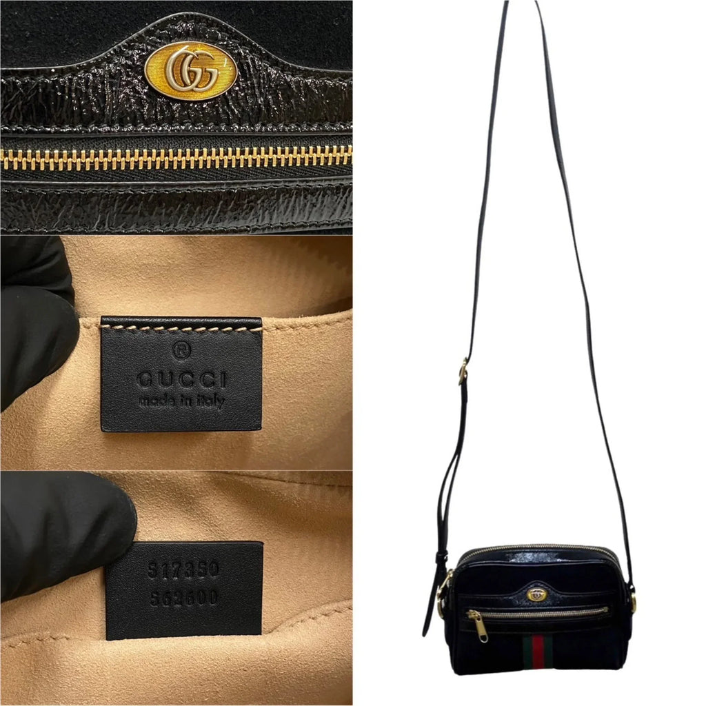 Pre-Owned GUCCI Gucci Ophidia Sherry Line GG Hardware Suede Enamel Leather Genuine Mini Shoulder Bag Black (Good)