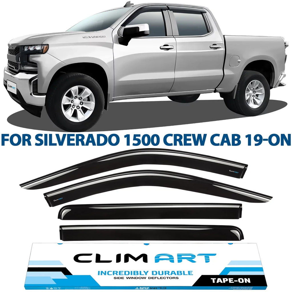 CLIM ART Incredibly Resilient Rain Guards Fitting with Chevrolet (Chevy) Silverado/GMC Sierra 1500 2019-2024 Crew Cab, Truck Accessories, Tape-on Window Deflectors, Vent Window Visors, 4pcs- 419160