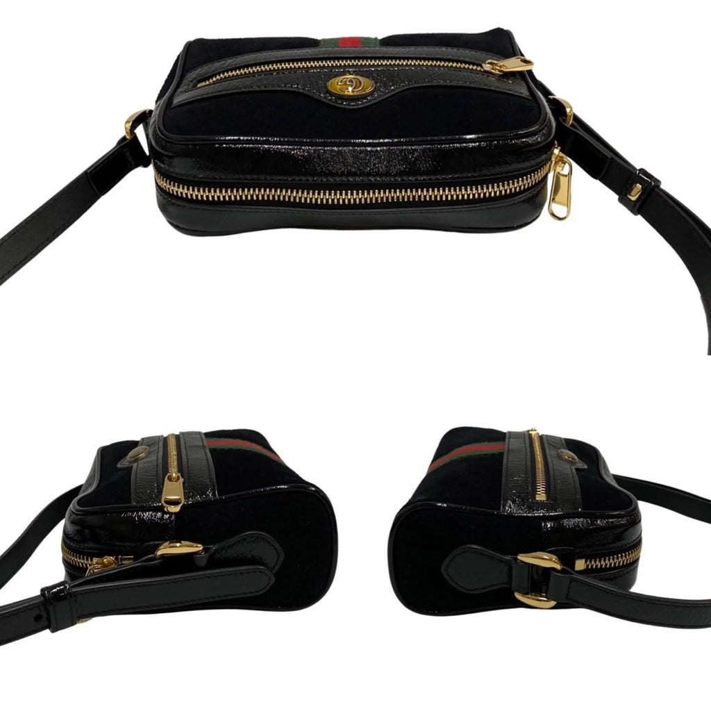 Pre-Owned GUCCI Gucci Ophidia Sherry Line GG Hardware Suede Enamel Leather Genuine Mini Shoulder Bag Black (Good)