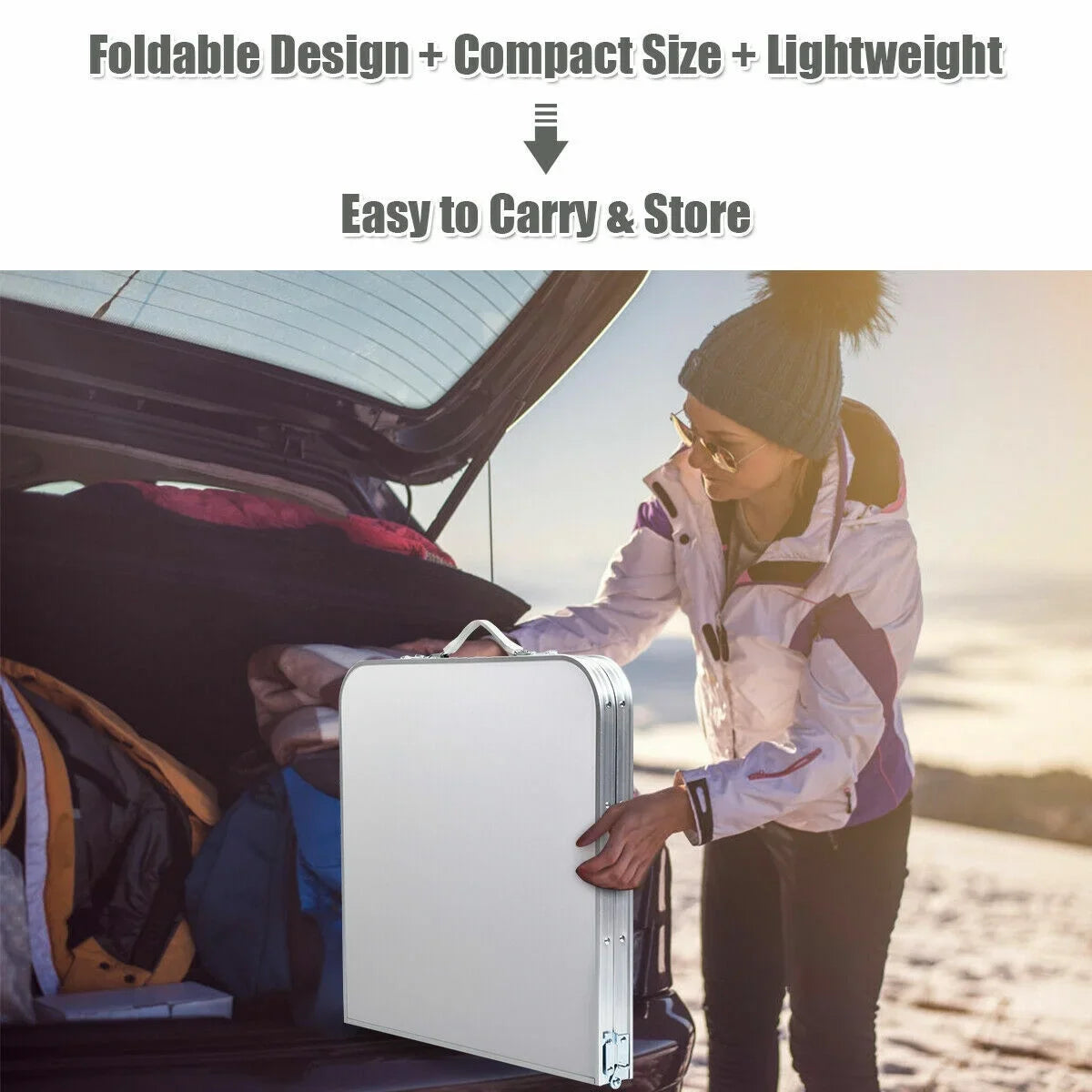 Grey Folding Camping Table with Height Adjustable Aluminum Frame and Storage Organizer