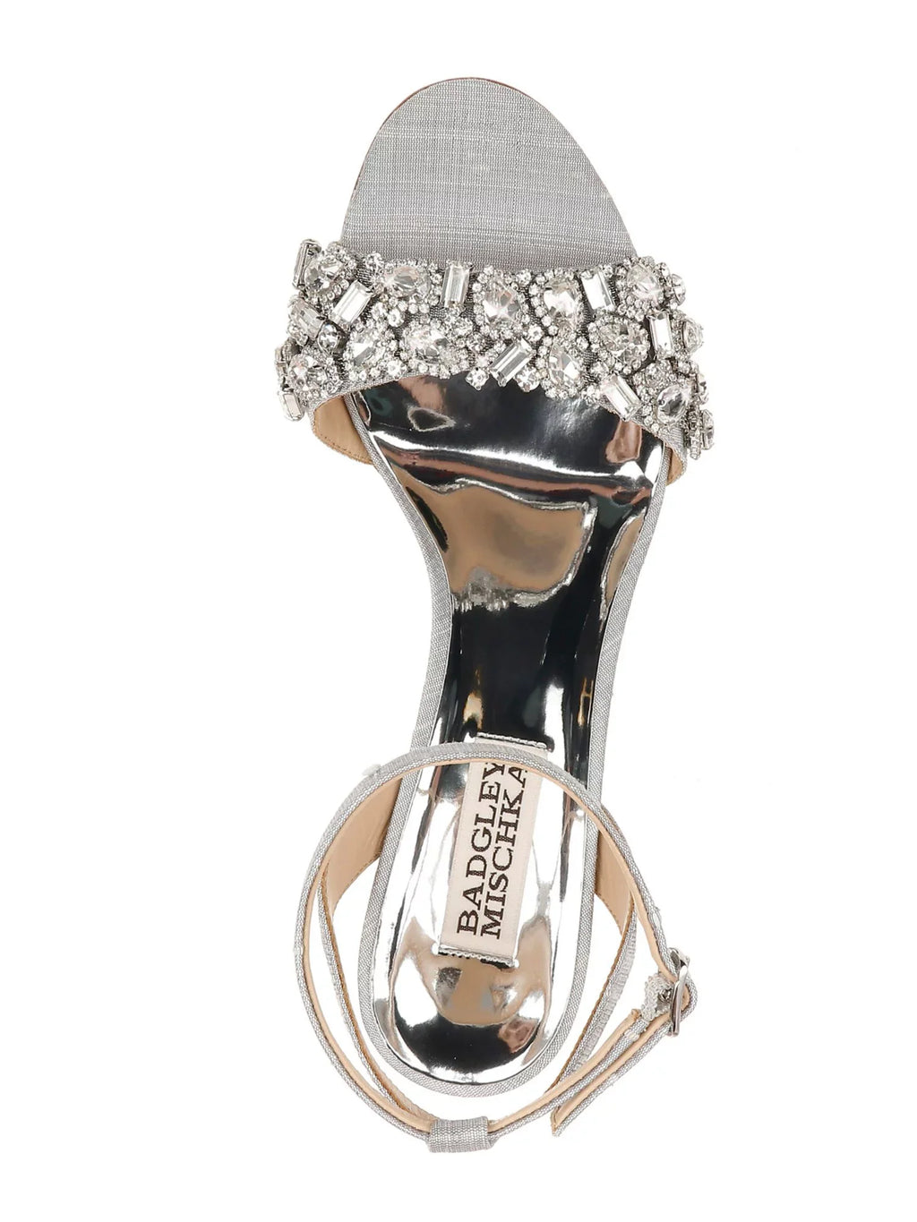 BADGLEY MISCHKA Womens Silver Toe Strap Metallic Rhinestone Round Toe Block Heel Fastener Dress Sandals Shoes 7