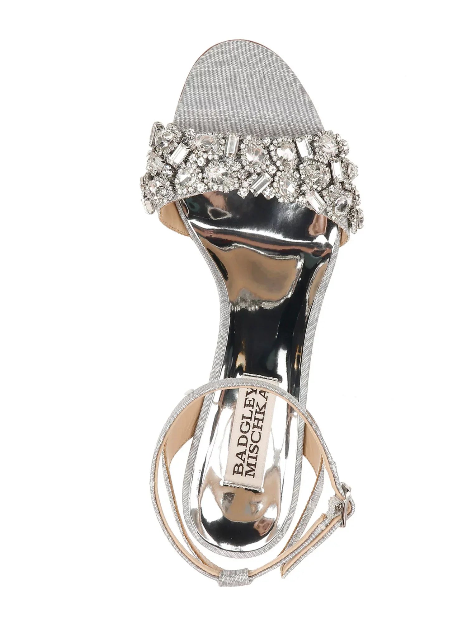 BADGLEY MISCHKA Womens Silver Toe Strap Metallic Rhinestone Round Toe Block Heel Fastener Dress Sandals Shoes 7
