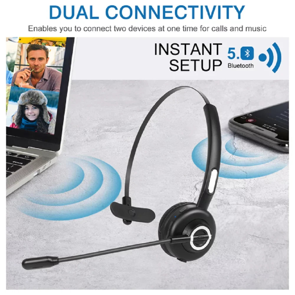 Comfortable Bluetooth Headset, UX-M97 Wireless Headset with Microphone, Wireless Cell Phone Headset with Noise Isolation Mic Charging Base Mute Function for Tecno Camon 17 With Charging Dock
