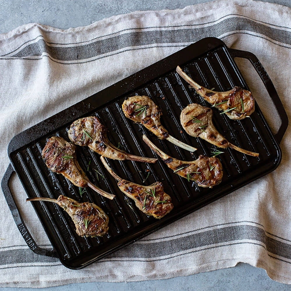 Lodge Chef Collection Cast Iron Reversible Grill/Griddle - Flat Cast Iron Griddle & Grill for Stovetop, Oven, Grill, or Open Fire - Double Burner Cast Iron Skillet with Handles