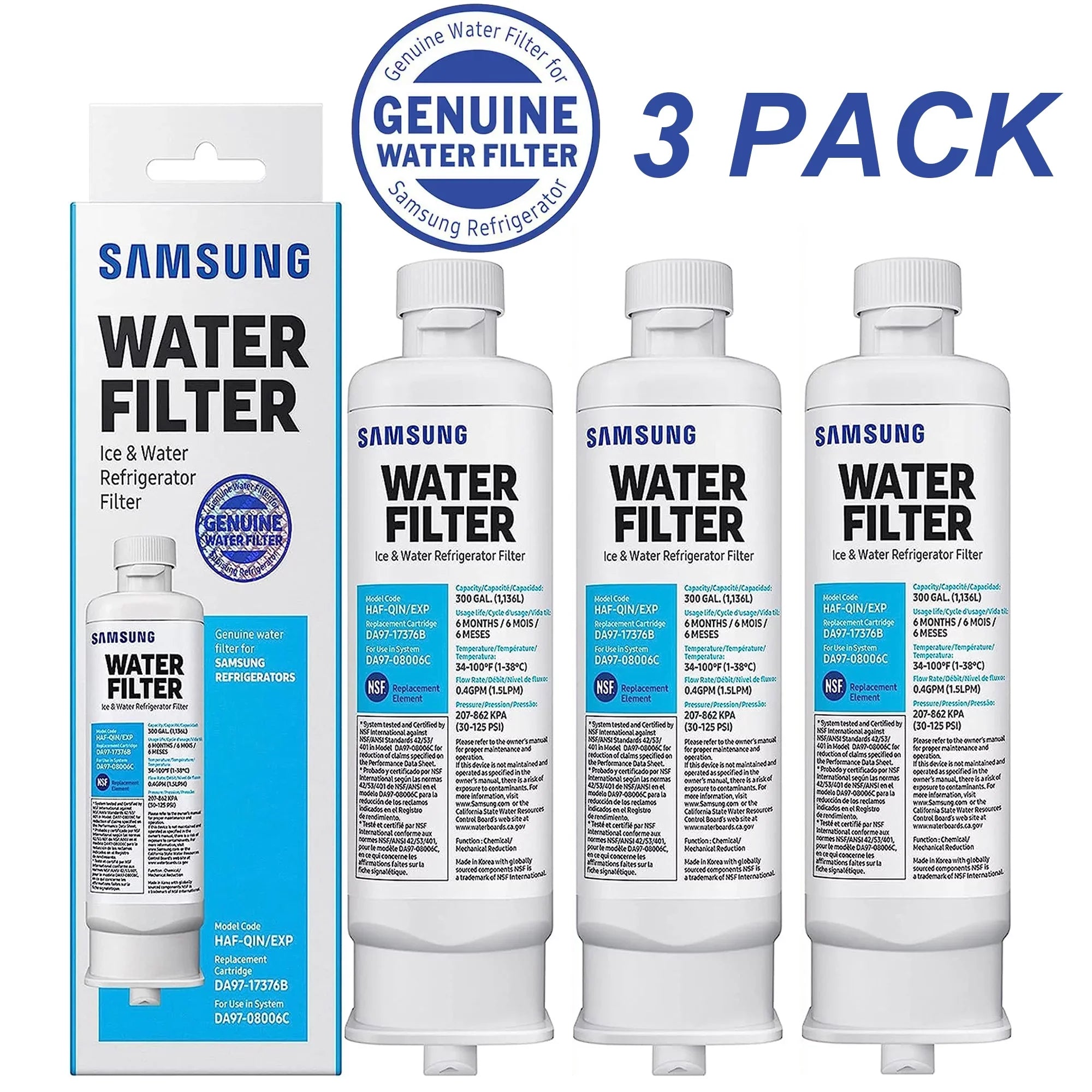3 Pack Fitting With HAF-QIN/EXP, DA97-17376B, DA97-08006C, HAF-QIN Refrigerator Water Filter