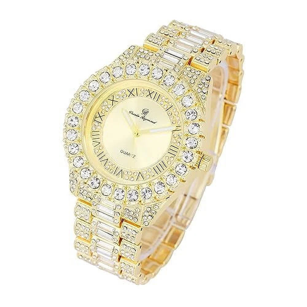 CHARLES RAYMOND Big Rocks Fully Iced Out Diamond Mens Watch w/Easy Read Date & Day - Designer Hip Hop Blinged Out Timepiece - ST10535 (ST10537-RN Gold -C)