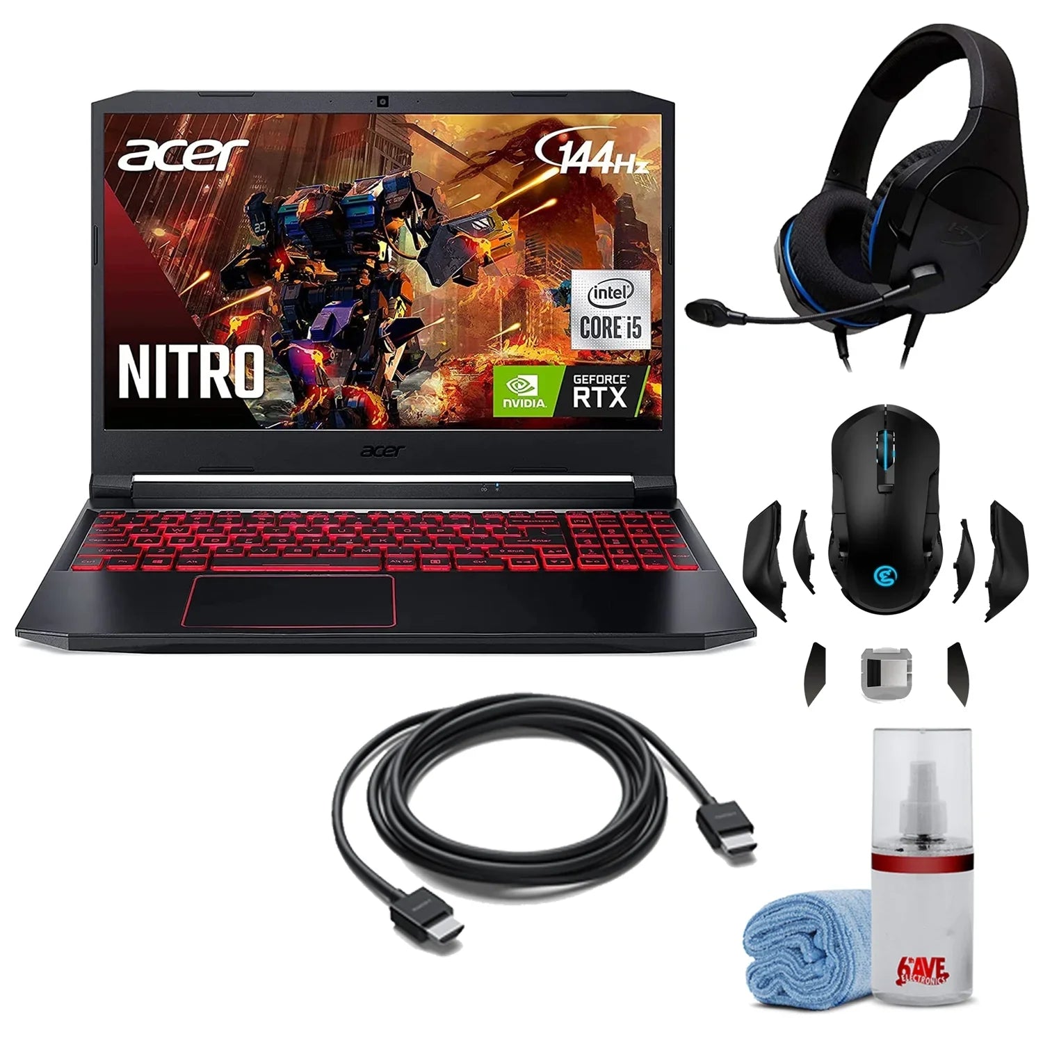 Acer Nitro 5 15.6-Inch 144hz IPS Gaming Laptop + High Caliber 6ft HDMI Cable + LCD Screen Cleaner + Wired Stereo Gaming Headset + Gaming Mouse