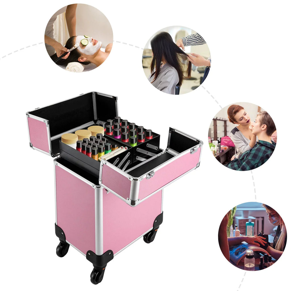 ZhdnBhnos Professional Rolling Extendable Makeup Train Case Cosmetic Trolley Storage Box Organizer (Pink)