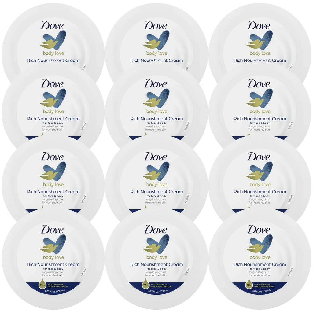Dove Body Love Rich Nourishment Cream, Face, Hand & Body Lotion For Extremely Dry Skin, Fast-Absorbing 72-Hour Moisturizing Cream With Ceramide Serum, 5.07 Fl Oz (Pack Of 12)