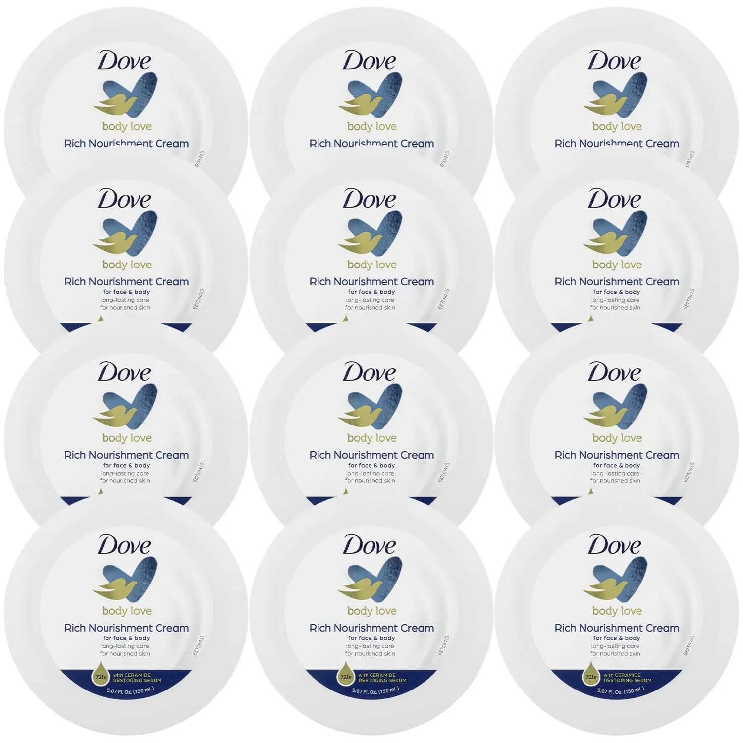 Dove Body Love Rich Nourishment Cream, Face, Hand & Body Lotion For Extremely Dry Skin, Fast-Absorbing 72-Hour Moisturizing Cream With Ceramide Serum, 5.07 Fl Oz (Pack Of 12)